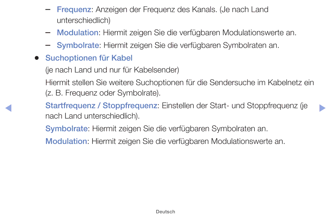 Samsung UE32EH4000WXXN, UE32EH5000WXXN, UE22ES5000WXZG manual Suchoptionen für Kabel, Je nach Land und nur für Kabelsender 