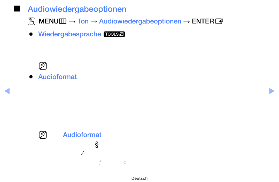 Samsung UE32EH5200SXTK manual Audiowiedergabeoptionen, NN Die Audioformat- Option richtet sich nach der jeweiligen 