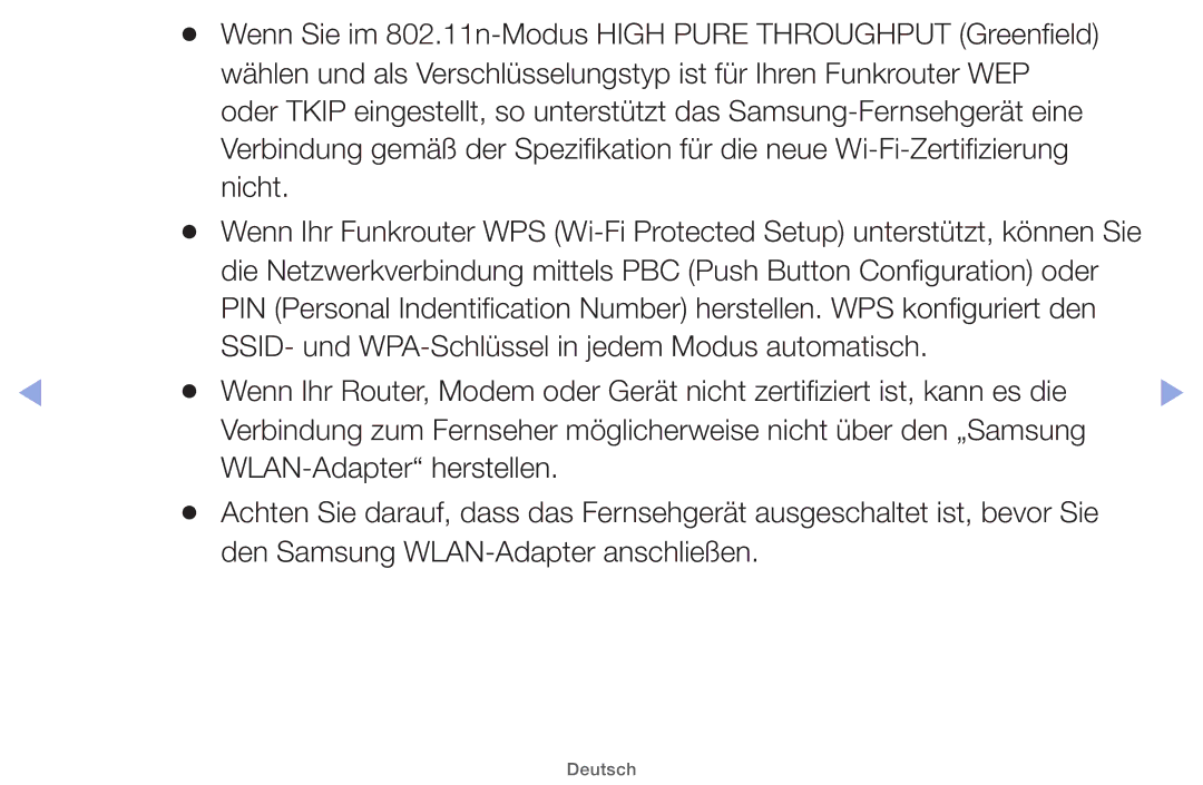 Samsung UE46EH5000WXZG manual Wenn Sie im 802.11n-Modus High Pure Throughput Greenfield, Wi-Fi-Zertifizierung Nicht 