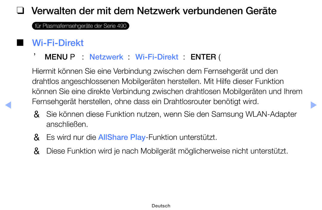 Samsung UE22ES5000WXZG, UE32EH5000WXXN, UE46EH5000WXXN manual Verwalten der mit dem Netzwerk verbundenen Geräte, Wi-Fi-Direkt 