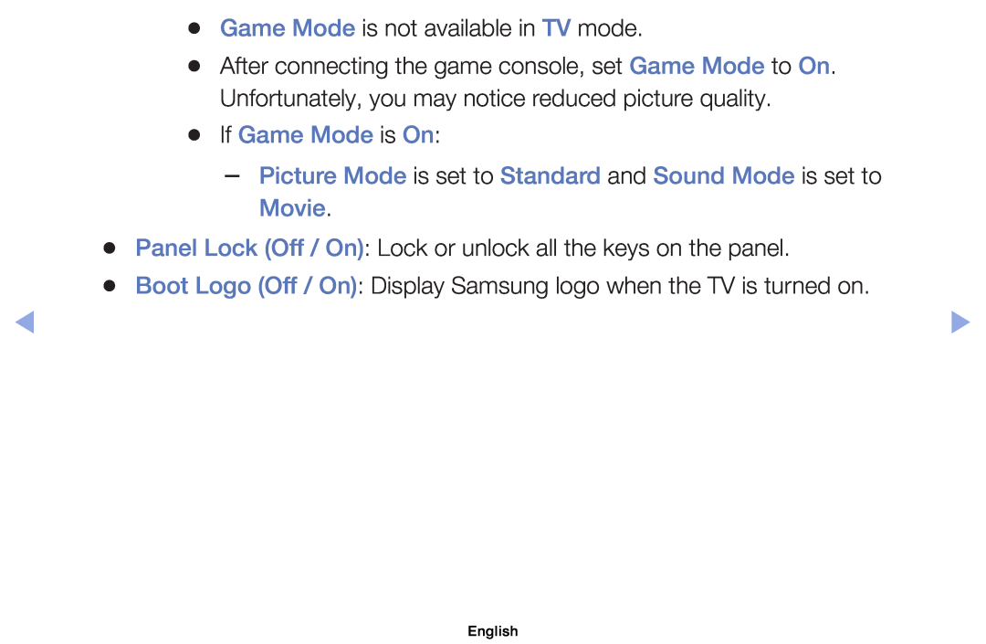 Samsung UE32EH5000WXXN manual If Game Mode is On, Picture Mode is set to Standard and Sound Mode is set to Movie, English 