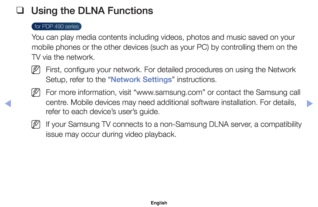 Samsung UE19ES4000WXXH Using the DLNA Functions, TV via the network, Setup, refer to the “Network Settings” instructions 