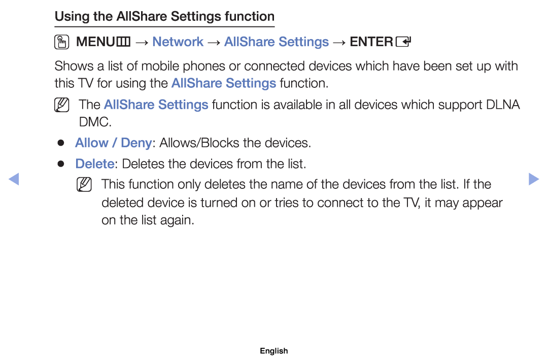 Samsung UE22ES5000WXXC manual Using the AllShare Settings function, OOMENUm → Network → AllShare Settings → ENTERE 
