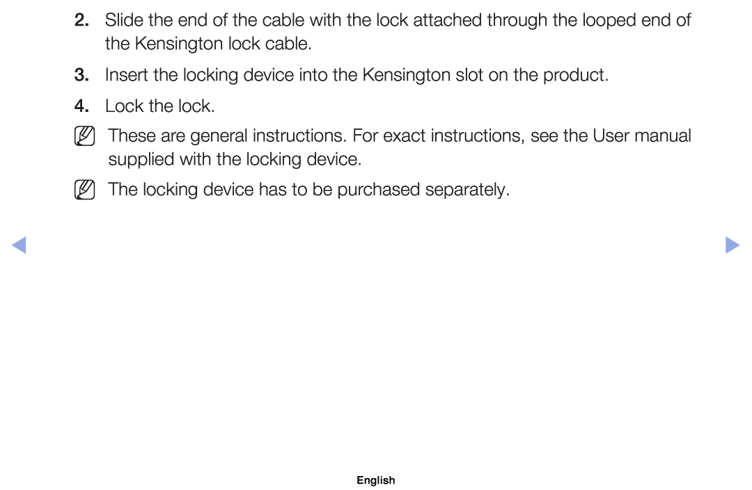 Samsung UA32EH4000WXAB manual Insert the locking device into the Kensington slot on the product, Lock the lock, English 