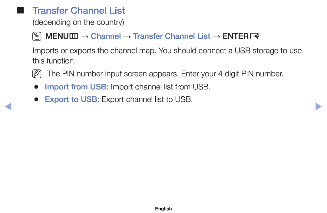 Samsung UE26EH4000WXZF, UE32EH5000WXXN, UE22ES5000WXZG manual OOMENUm → Channel → Transfer Channel List → ENTERE, English 