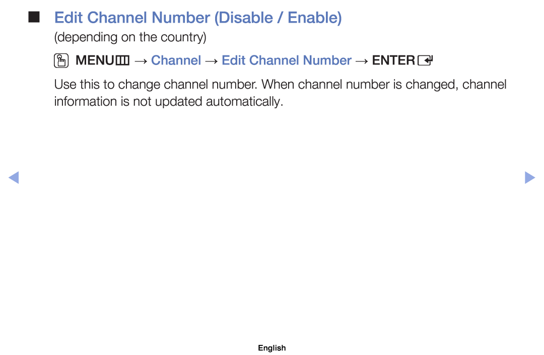 Samsung UE32EH5000WXZF Edit Channel Number Disable / Enable, OOMENUm → Channel → Edit Channel Number → ENTERE, English 
