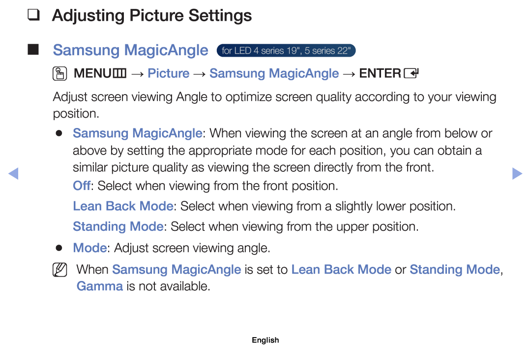 Samsung UE40EH5000WXZF, UE32EH5000WXXN manual Adjusting Picture Settings, OOMENUm → Picture → Samsung MagicAngle → ENTERE 