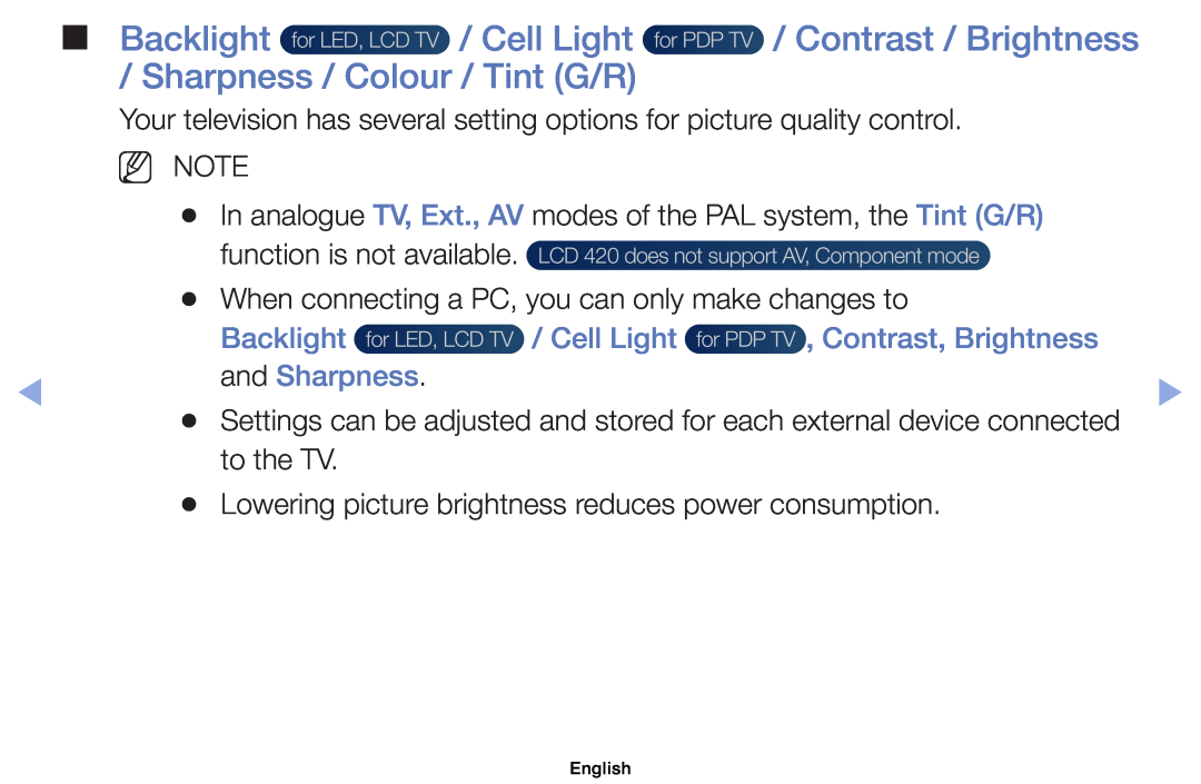 Samsung UE19ES4000WXZF, UE32EH5000WXXN, UE22ES5000WXZG Backlight, Cell Light, Contrast, Brightness, and Sharpness, Nn Note 