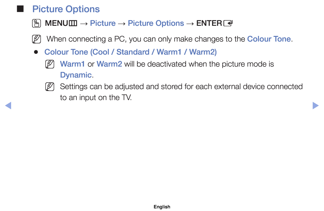 Samsung UE46EH5000WXTK manual OOMENUm → Picture → Picture Options → ENTERE, Colour Tone Cool / Standard / Warm1 / Warm2 