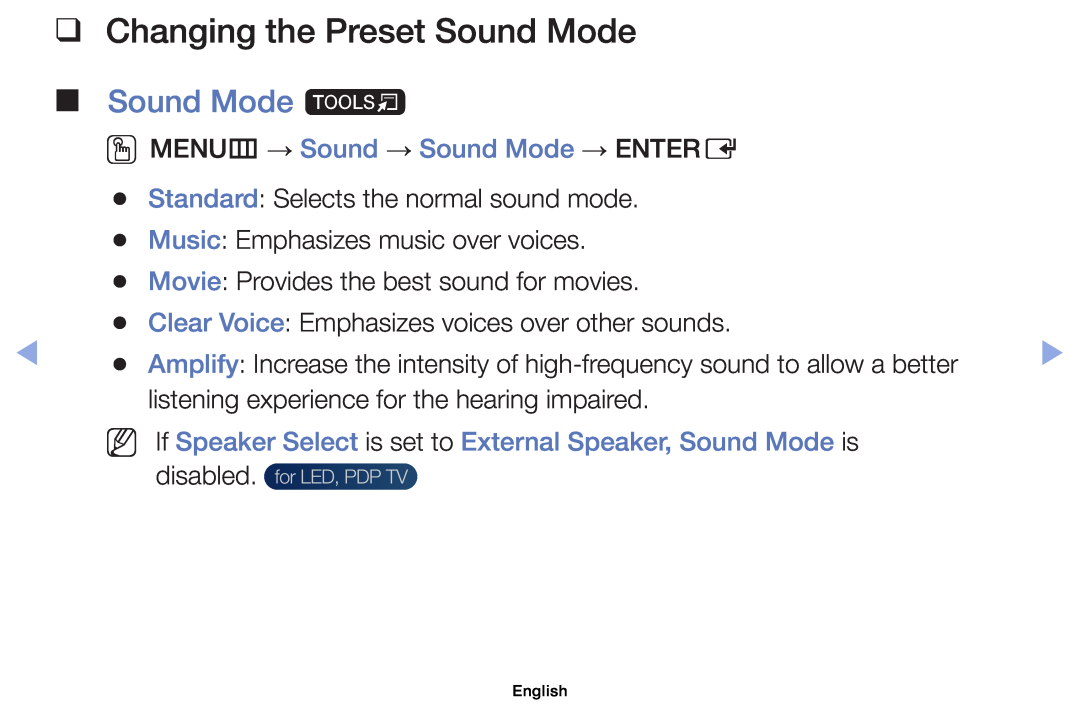 Samsung UE19ES4000WXXH, UE32EH5000WXXN Changing the Preset Sound Mode, Sound Mode t, OOMENUm → Sound → Sound Mode → ENTERE 