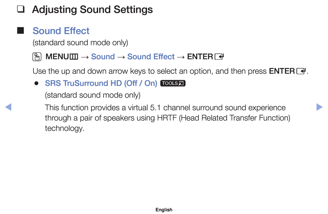 Samsung UE26EH4000WXXH, UE32EH5000WXXN manual Adjusting Sound Settings, OOMENUm → Sound → Sound Effect → ENTERE, English 