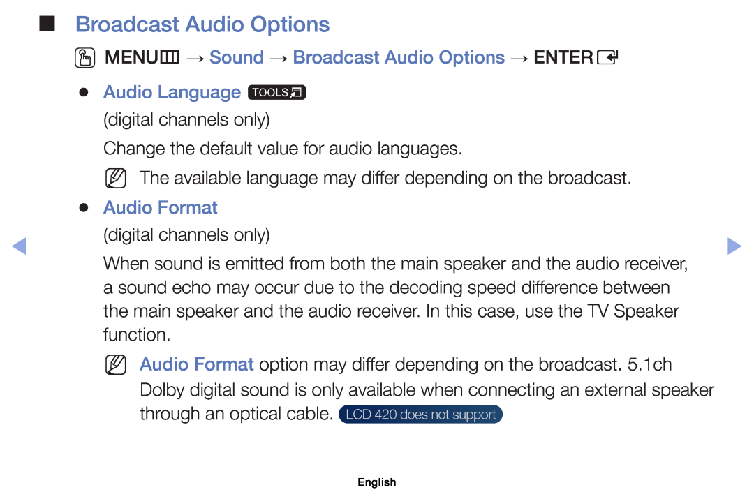 Samsung UE60EH6000SXXC manual OOMENUm → Sound → Broadcast Audio Options → ENTERE, Audio Language t, Audio Format 