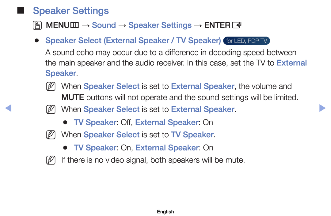 Samsung UE32EH4000WXXU manual OOMENUm → Sound → Speaker Settings → ENTERE, Speaker Select External Speaker / TV Speaker 