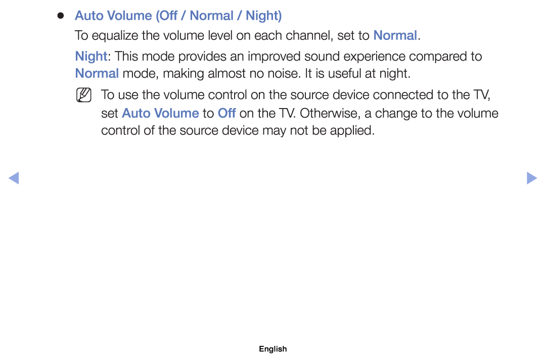 Samsung UE40EH5000KXXU manual Auto Volume Off / Normal / Night, To equalize the volume level on each channel, set to Normal 