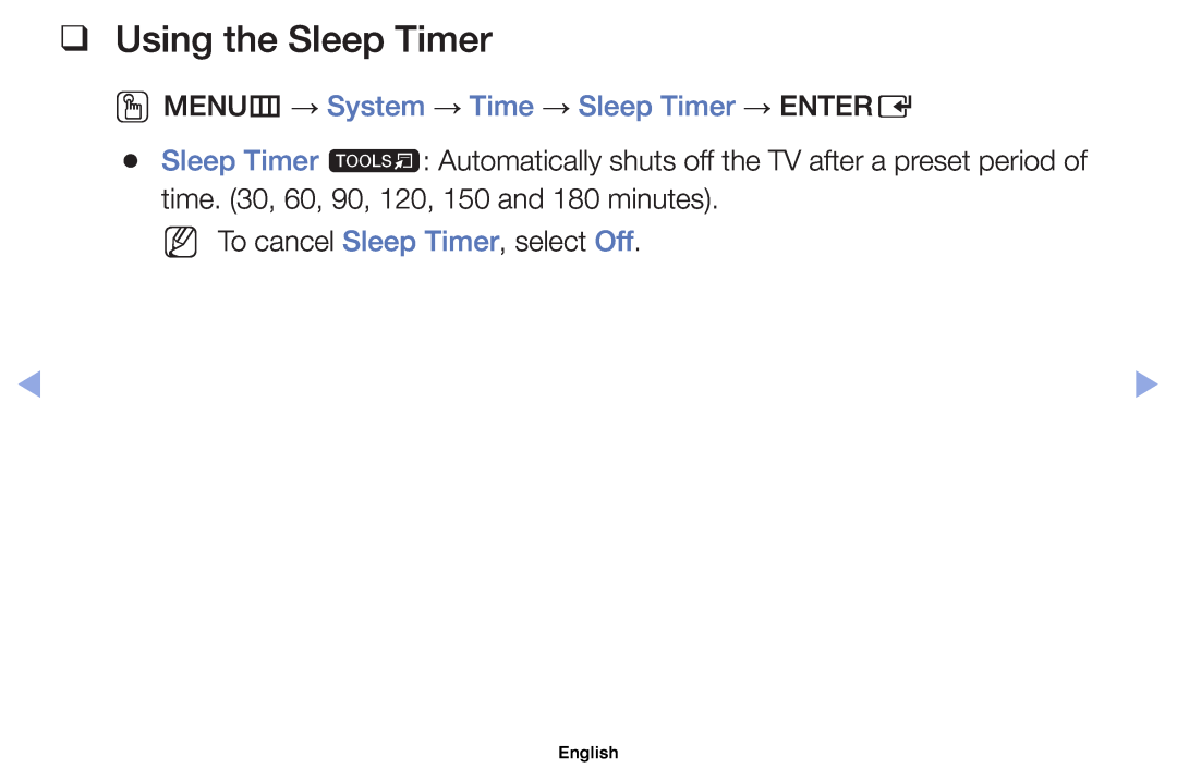 Samsung UE32EH5047KXRU, UE32EH5000WXXN manual Using the Sleep Timer, OOMENUm → System → Time → Sleep Timer → ENTERE, English 