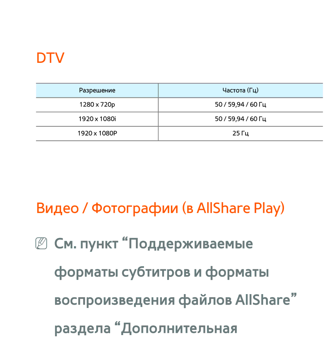 Samsung UE32ES5550WXRU, UE32ES5500WXXH, UE55ES6300SXZG, UE55ES6890SXZG manual Dtv, Видео / Фотографии в AllShare Play 