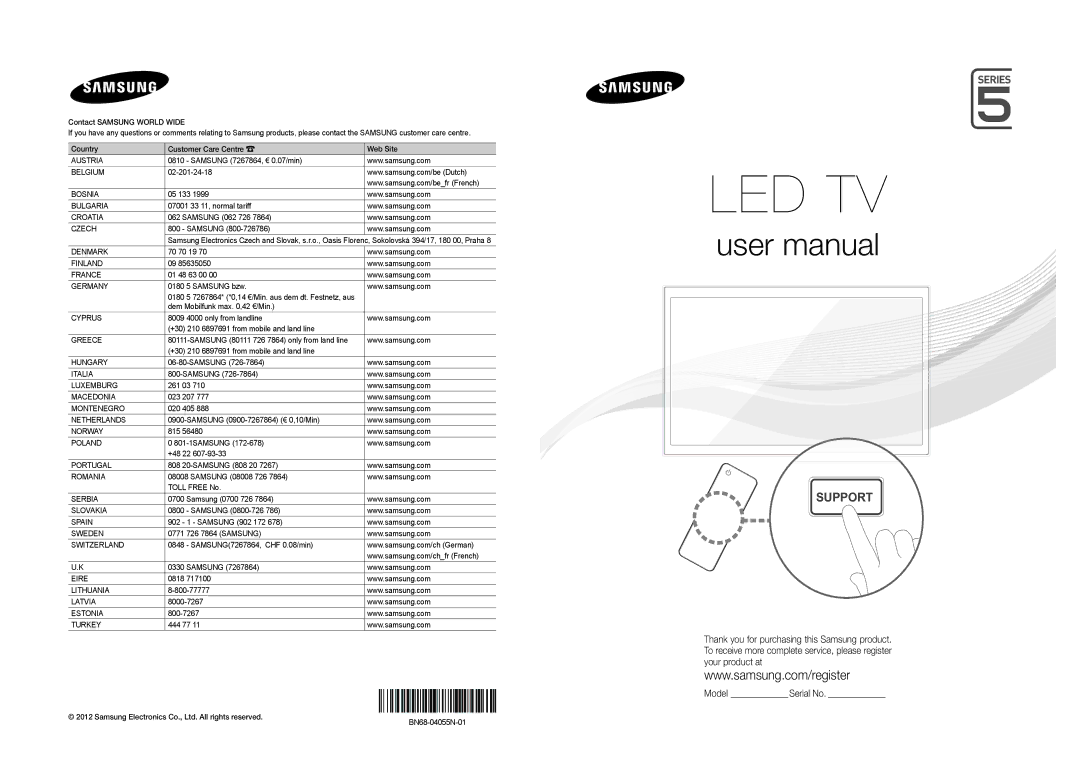 Samsung UE40ES5500WXZF, UE32ES5500WXZF manual 0180 5 7267864* *0,14 €/Min. aus dem dt. Festnetz, aus, BN68-04055N-01 