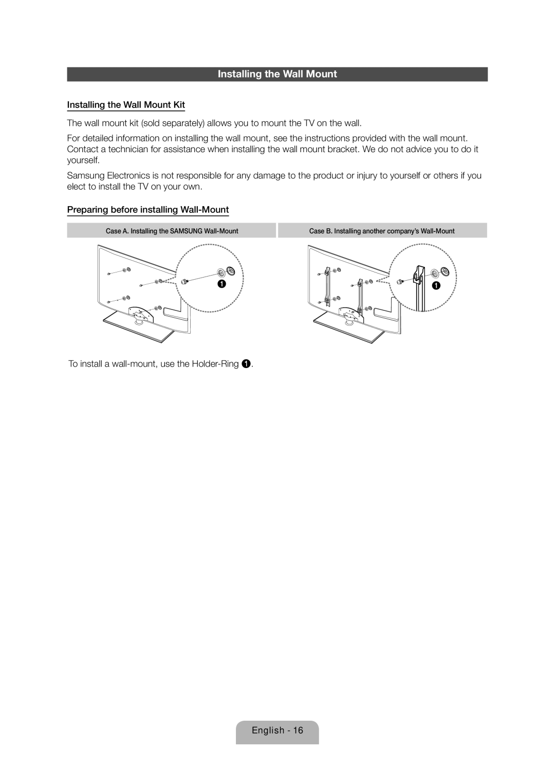 Samsung UE40ES5500WXZF, UE32ES5500WXZF manual Installing the Wall Mount, To install a wall-mount, use the Holder-Ring 