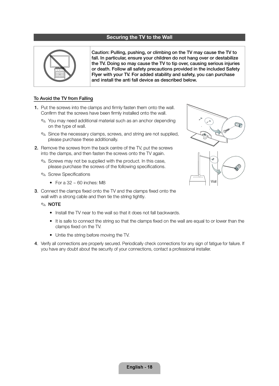 Samsung UE32ES5500WXZF, UE40ES5500WXZF manual Securing the TV to the Wall, Screw Specifications For a 32 ~ 60 inches M8 