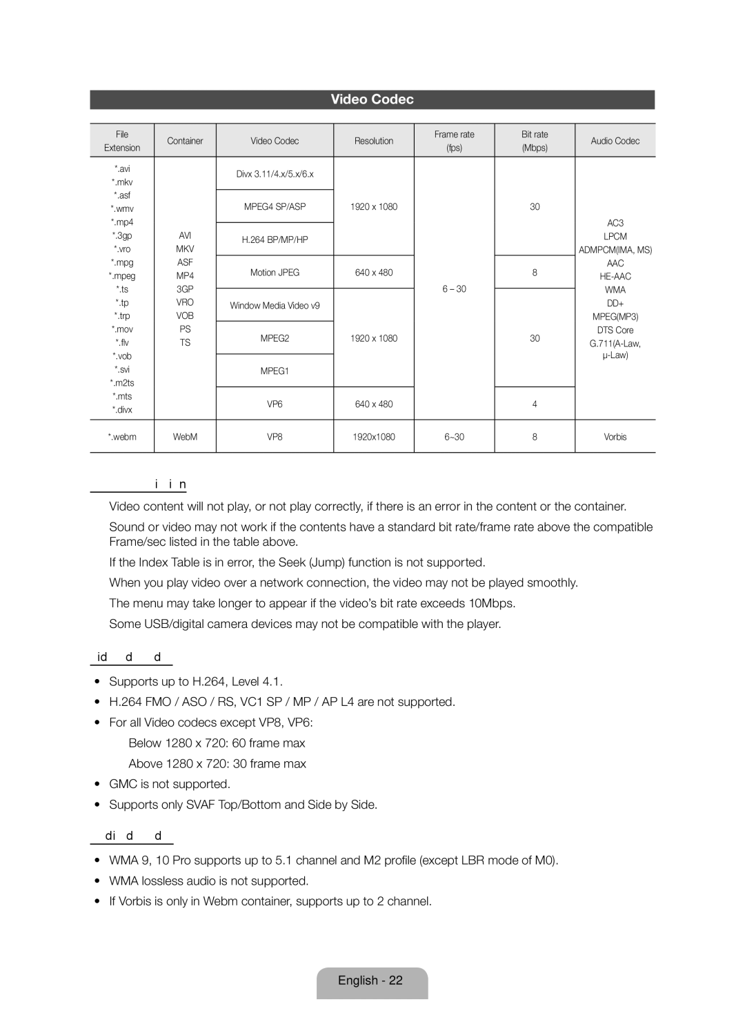 Samsung UE40ES5500WXZF, UE32ES5500WXZF, UE37ES5500WXZF manual Video Codec 