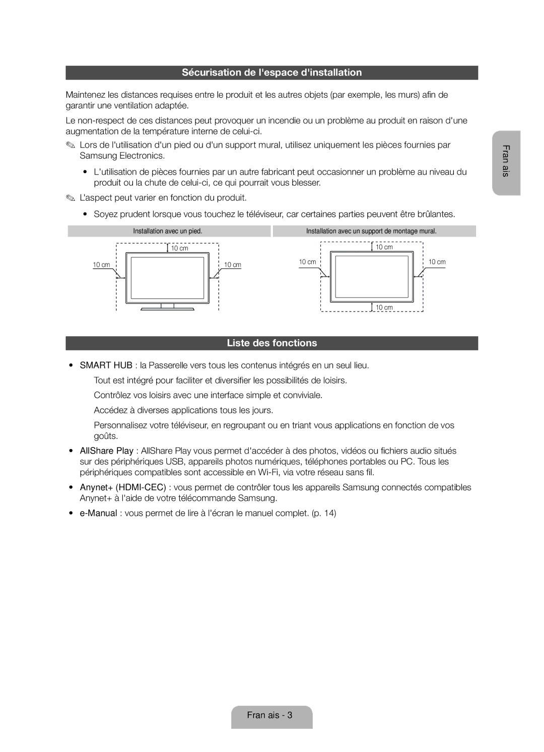 Samsung UE40ES5500WXZF manual Sécurisation de lespace dinstallation, Liste des fonctions, Installation avec un pied 