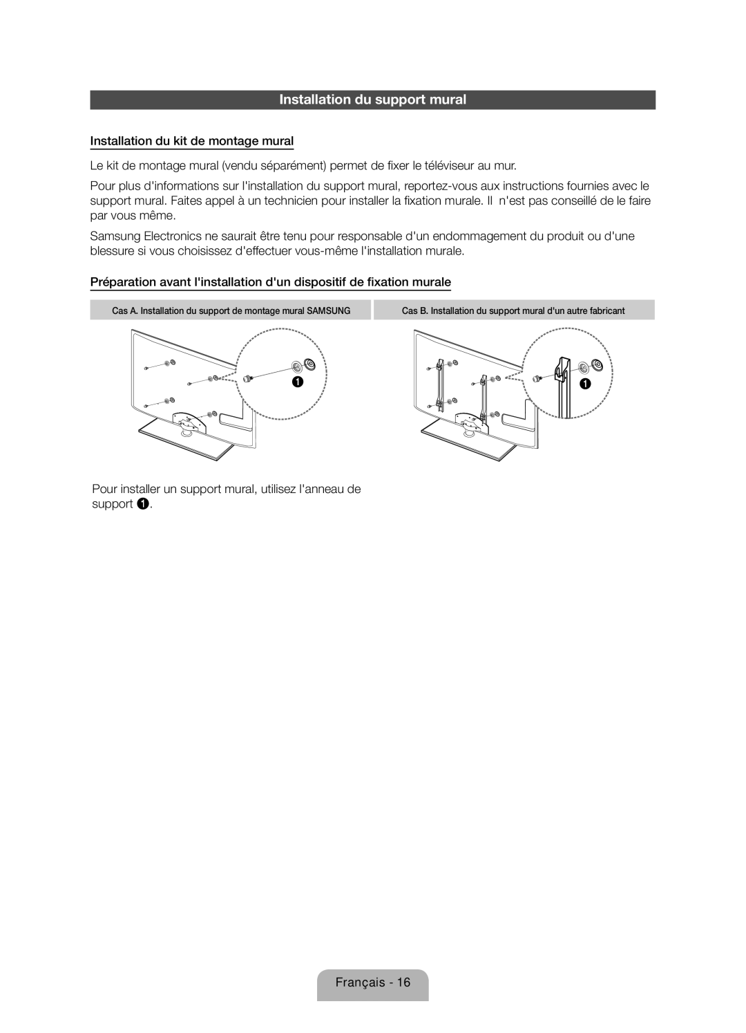 Samsung UE37ES5500WXZF manual Installation du support mural, Pour installer un support mural, utilisez lanneau de support 