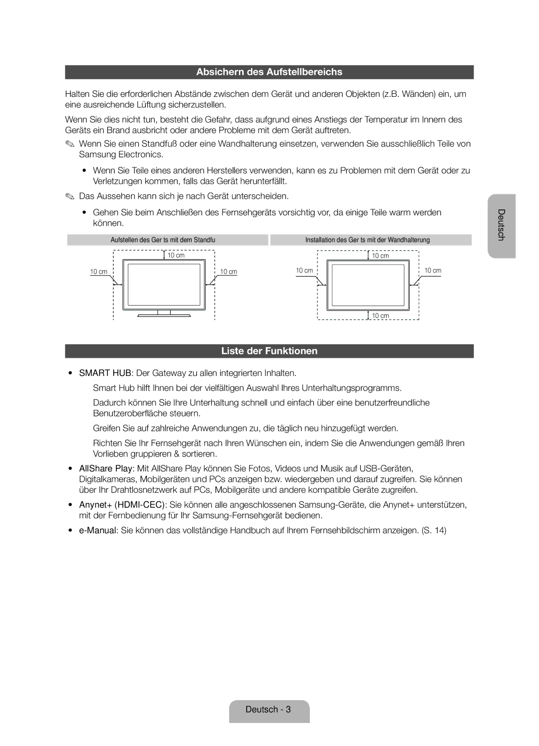 Samsung UE37ES5500WXZF Absichern des Aufstellbereichs, Liste der Funktionen, Aufstellen des Geräts mit dem Standfuß 10 cm 