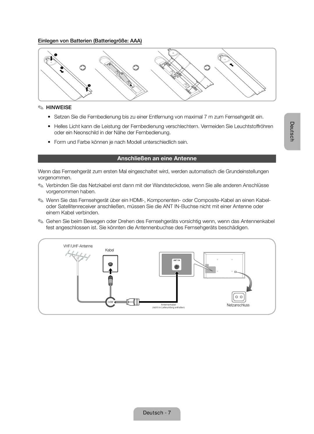 Samsung UE32ES5500WXZF manual Anschließen an eine Antenne, Einlegen von Batterien Batteriegröße AAA, VHF/UHF-Antenne Kabel 