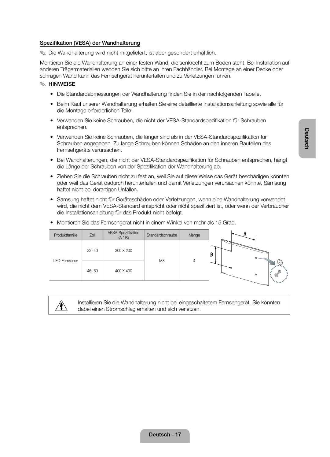 Samsung UE40ES5500WXZF, UE32ES5500WXZF, UE37ES5500WXZF manual Produktfamilie Zoll VESA-Spezifikation, Menge 