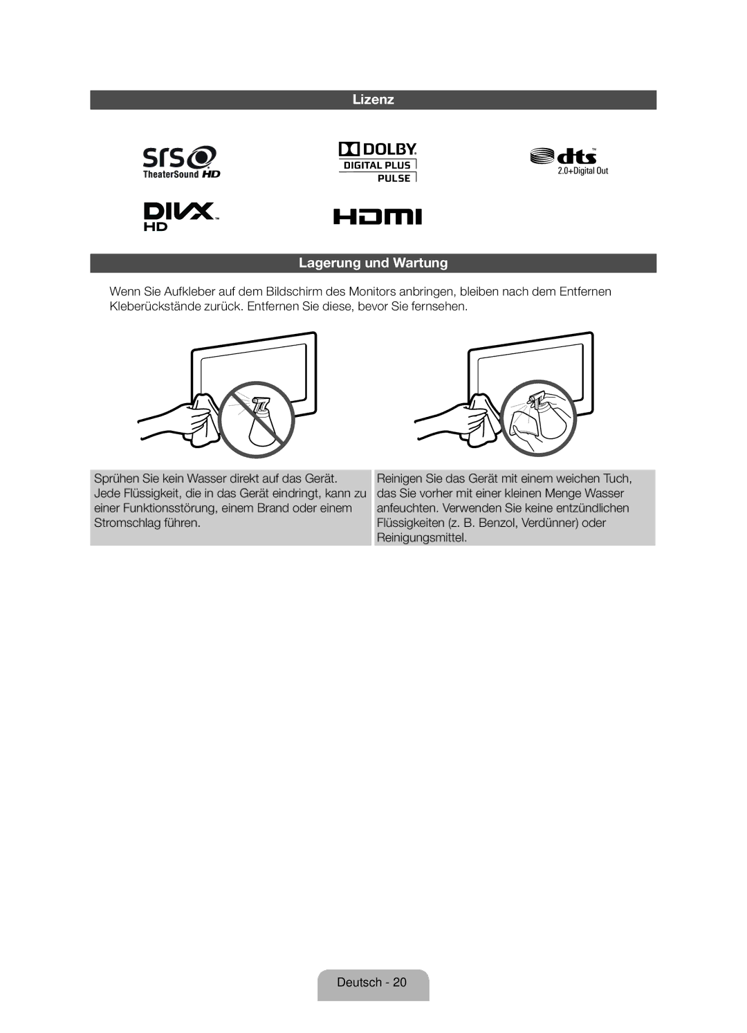 Samsung UE40ES5500WXZF, UE32ES5500WXZF, UE37ES5500WXZF manual Lizenz Lagerung und Wartung 