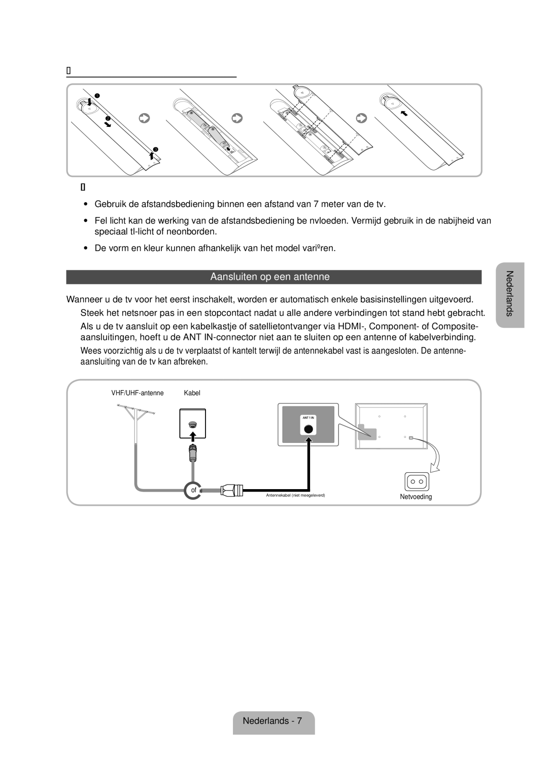 Samsung UE40ES5500WXZF, UE32ES5500WXZF, UE37ES5500WXZF Aansluiten op een antenne, Batterijen plaatsen batterijformaat AAA 