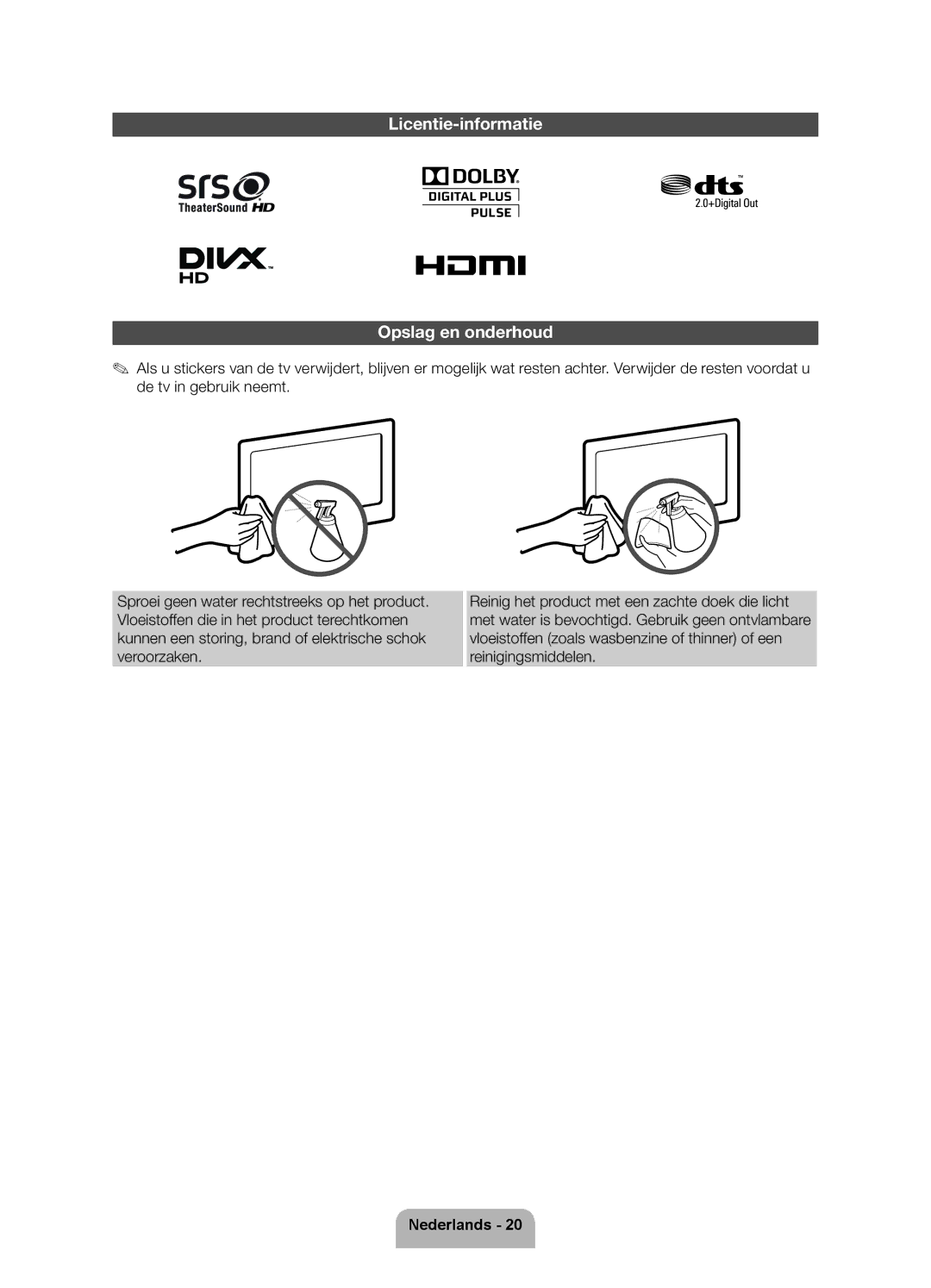 Samsung UE37ES5500WXZF, UE32ES5500WXZF, UE40ES5500WXZF manual Licentie-informatie Opslag en onderhoud 