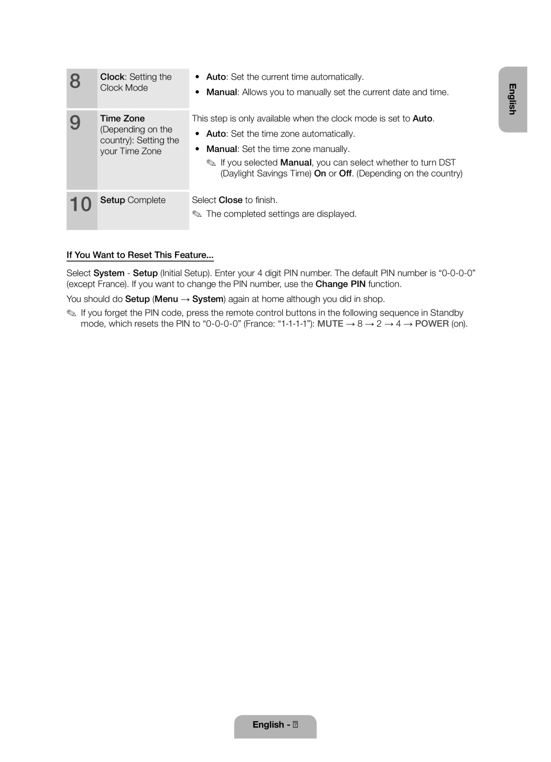 Samsung UE32ES5500WXZF, UE40ES5500WXZF manual Clock Setting, Clock Mode, Time Zone, Setup Complete Select Close to finish 