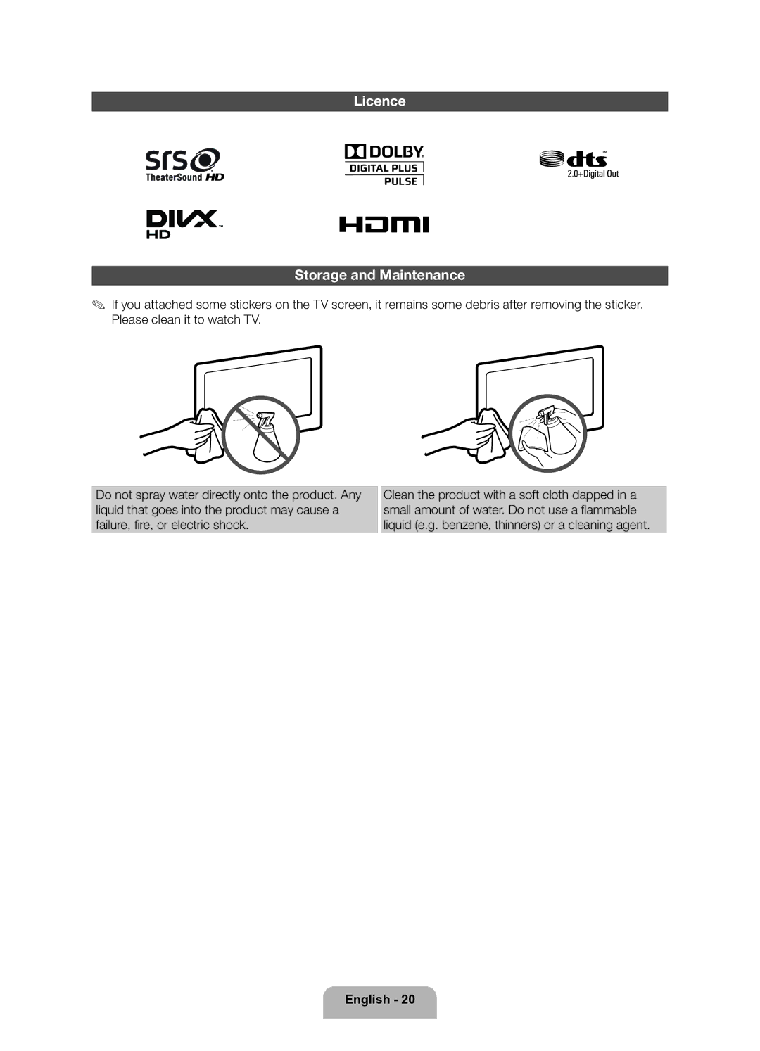 Samsung UE46ES5700SXZF, UE32ES5700SXZF, UE40ES5700SXZF manual Licence Storage and Maintenance 