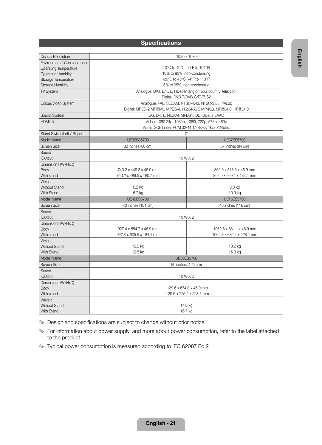 Samsung UE32ES5700SXZF, UE40ES5700SXZF, UE46ES5700SXZF manual Specifications 