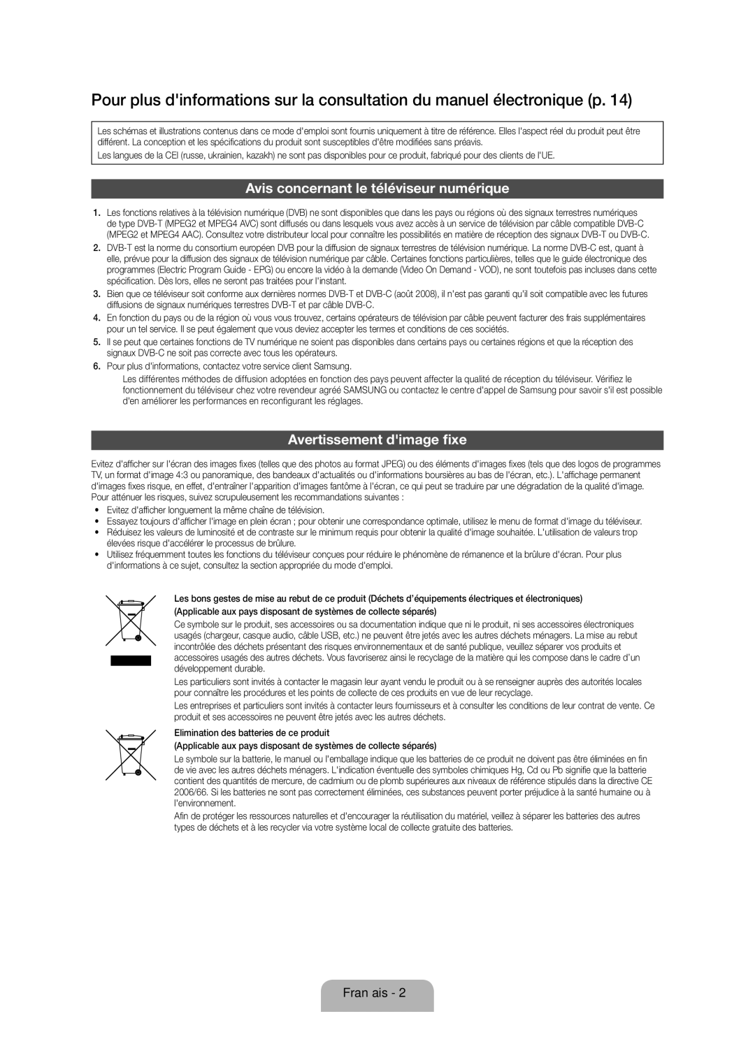 Samsung UE32ES5700SXZF manual Avis concernant le téléviseur numérique, Avertissement dimage fixe, Chaîne de télévision 