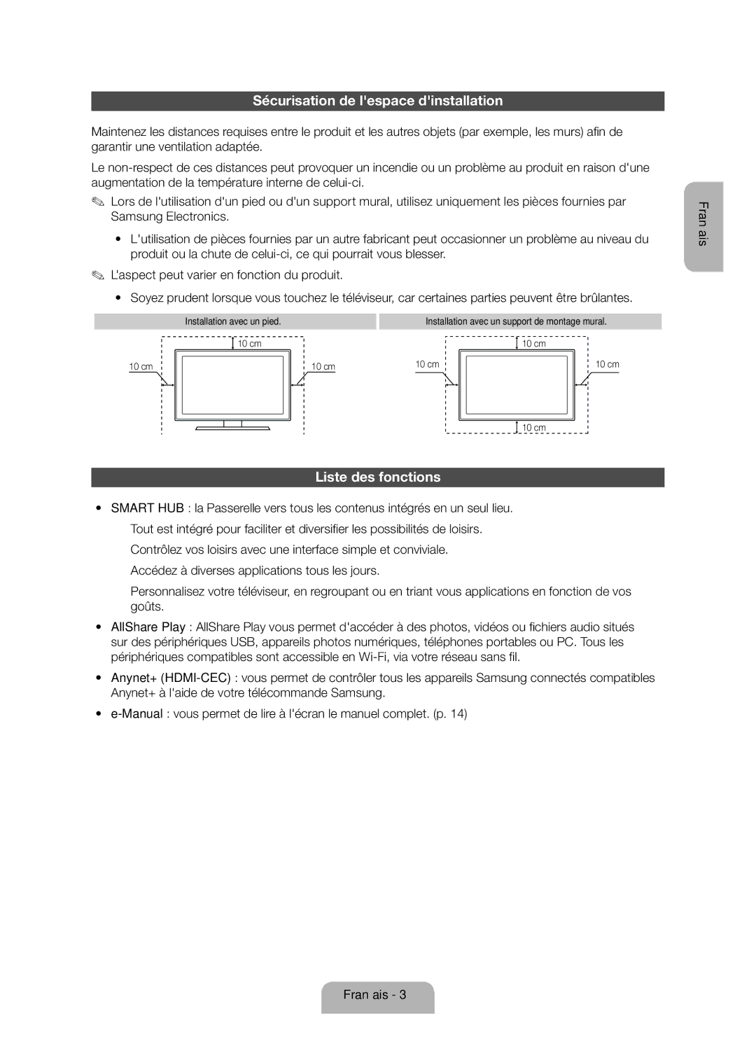 Samsung UE40ES5700SXZF manual Sécurisation de lespace dinstallation, Liste des fonctions, Installation avec un pied 