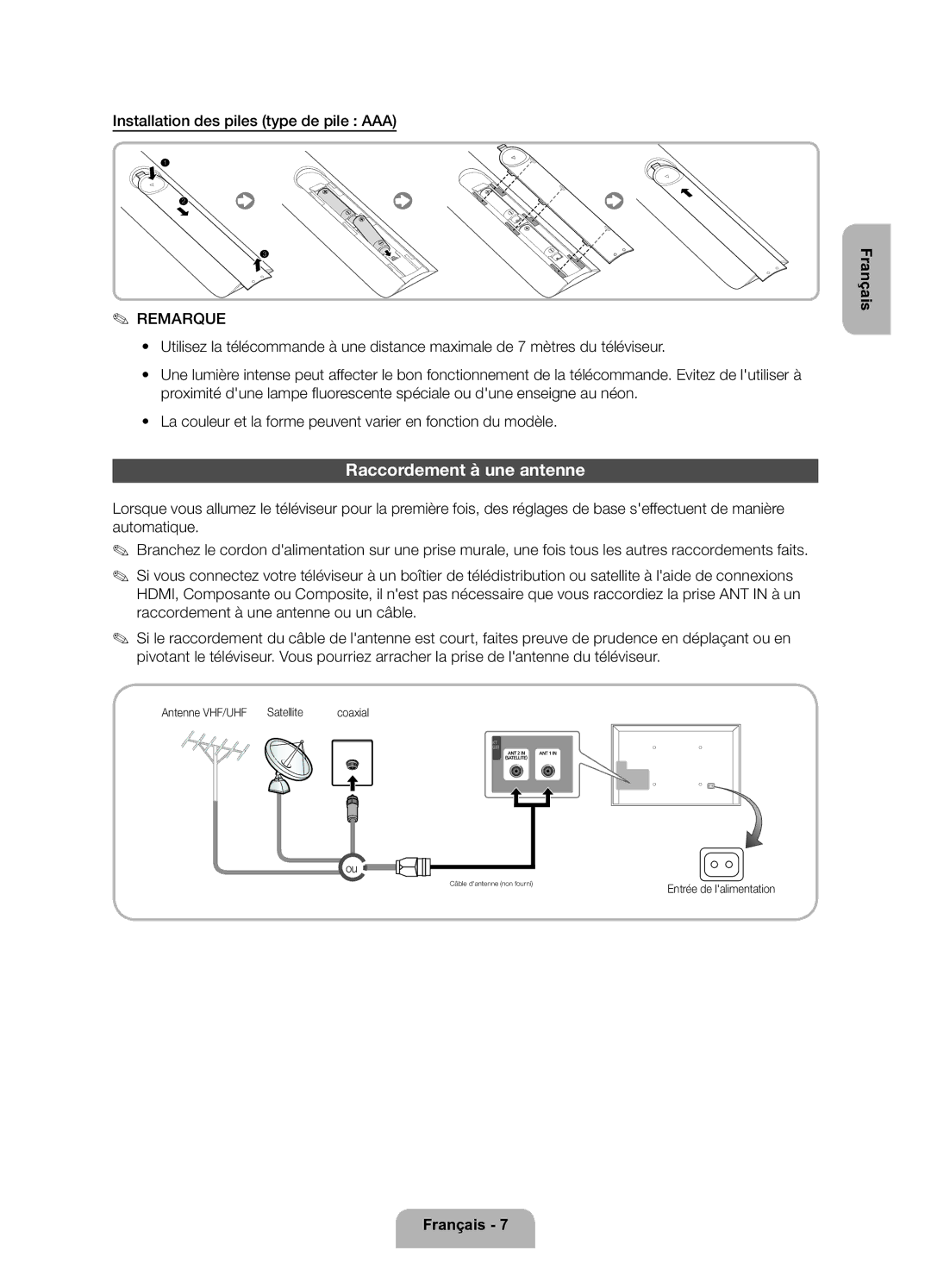 Samsung UE46ES5700SXZF Raccordement à une antenne, Installation des piles type de pile AAA, Antenne VHF/UHF Satellite 