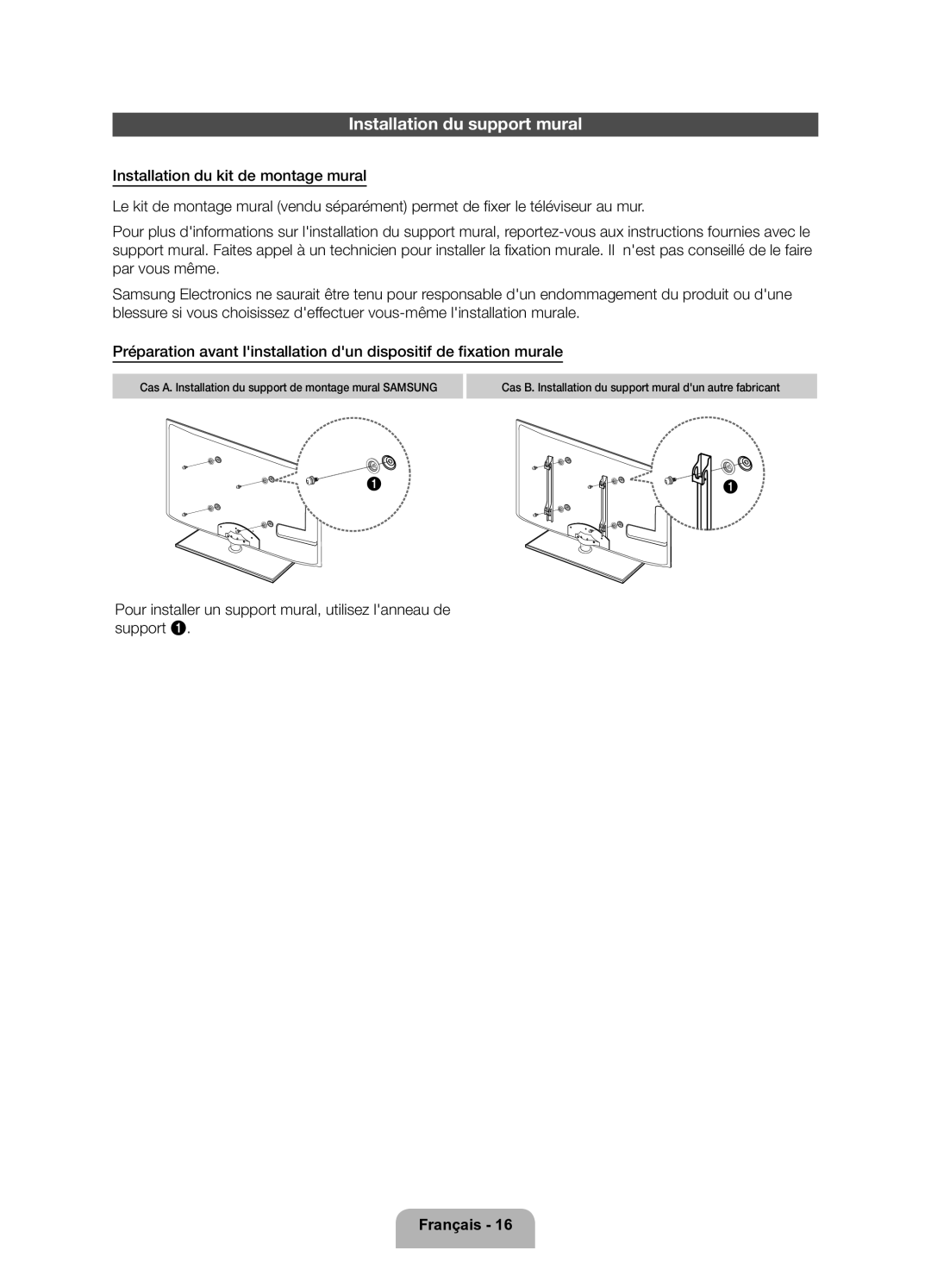 Samsung UE46ES5700SXZF manual Installation du support mural, Pour installer un support mural, utilisez lanneau de support 