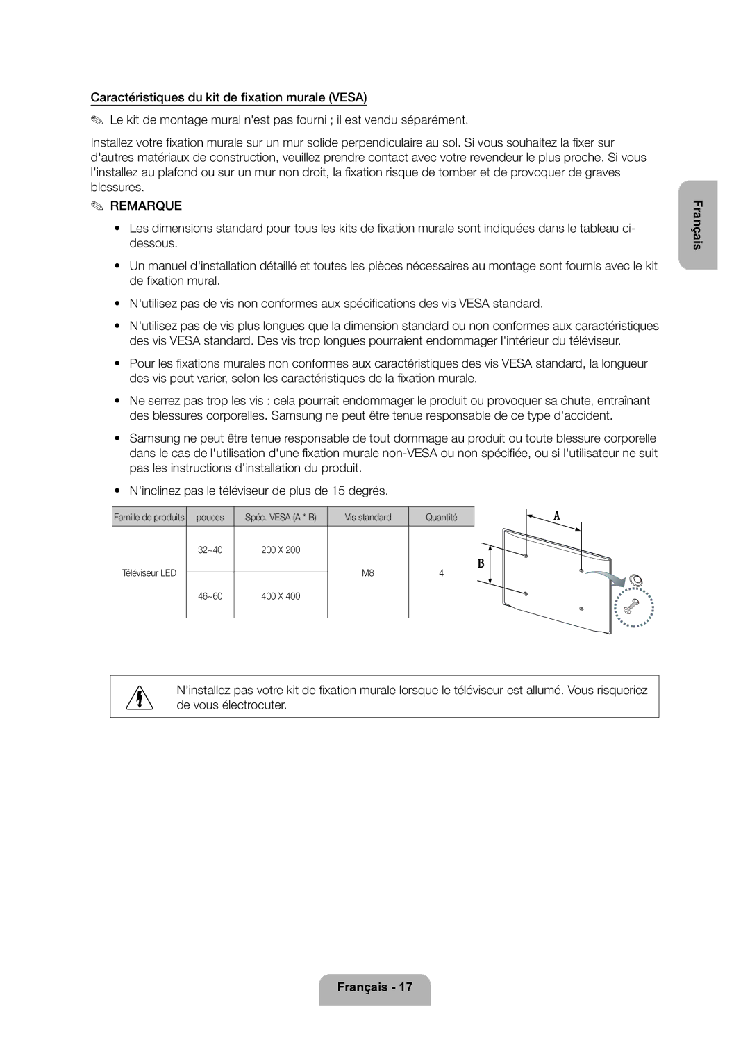 Samsung UE32ES5700SXZF De tomber et de provoquer de graves, Blessures, Famille de produits pouces, Téléviseur LED 46~60 