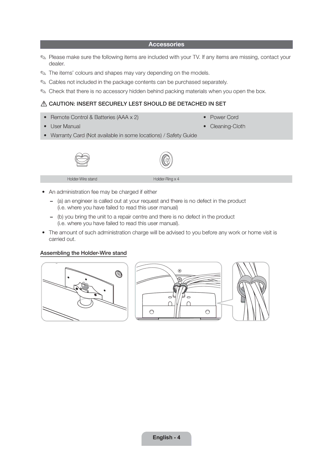 Samsung UE40ES5700SXZF, UE32ES5700SXZF, UE46ES5700SXZF manual Accessories, Holder-Wire stand 