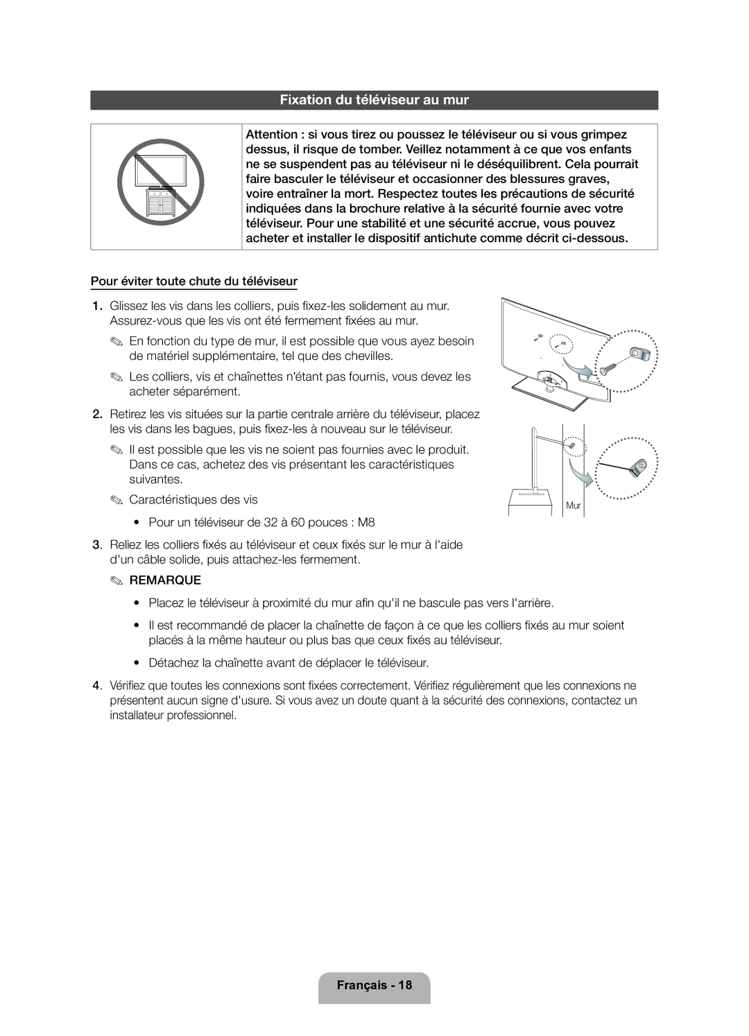 Samsung UE40ES5700SXZF, UE32ES5700SXZF manual Fixation du téléviseur au mur, Pour éviter toute chute du téléviseur, Mur 