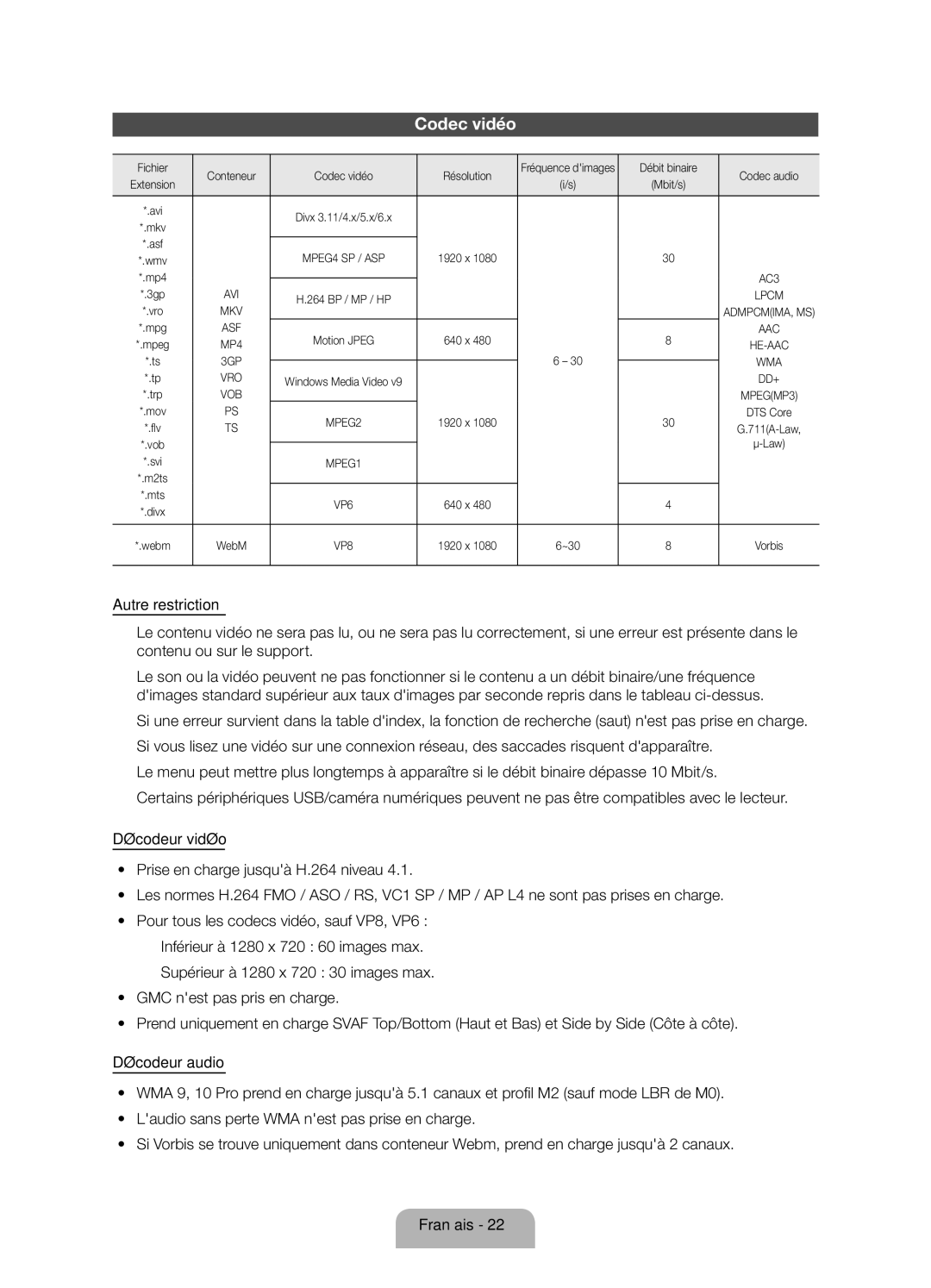 Samsung UE46ES5700SXZF, UE32ES5700SXZF manual Fichier Conteneur Codec vidéo Résolution, Débit binaire Codec audio 