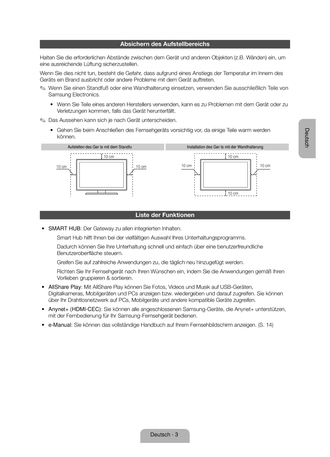 Samsung UE46ES5700SXZF Absichern des Aufstellbereichs, Liste der Funktionen, Aufstellen des Geräts mit dem Standfuß 10 cm 