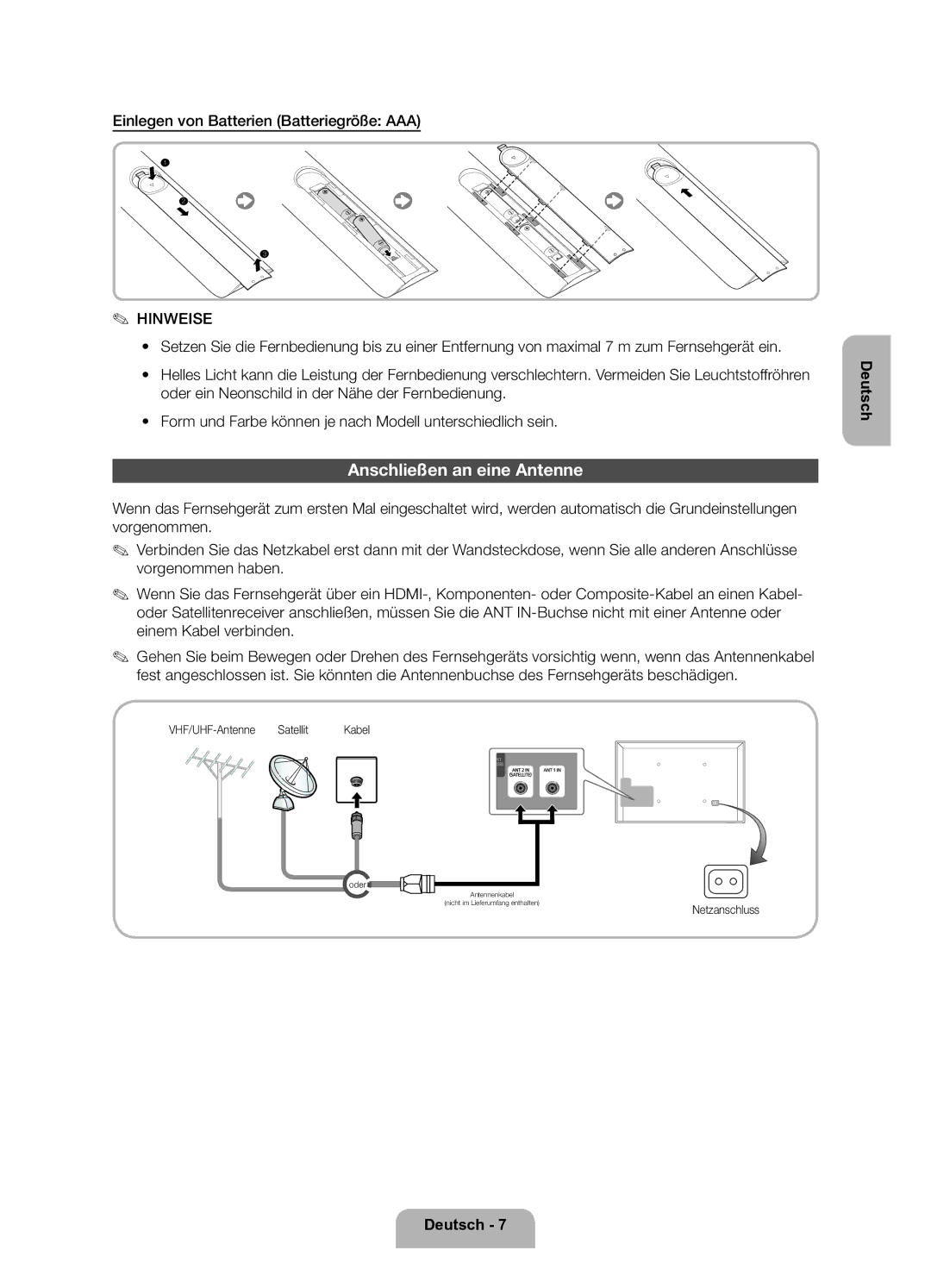 Samsung UE32ES5700SXZF, UE40ES5700SXZF manual Anschließen an eine Antenne, Einlegen von Batterien Batteriegröße AAA 