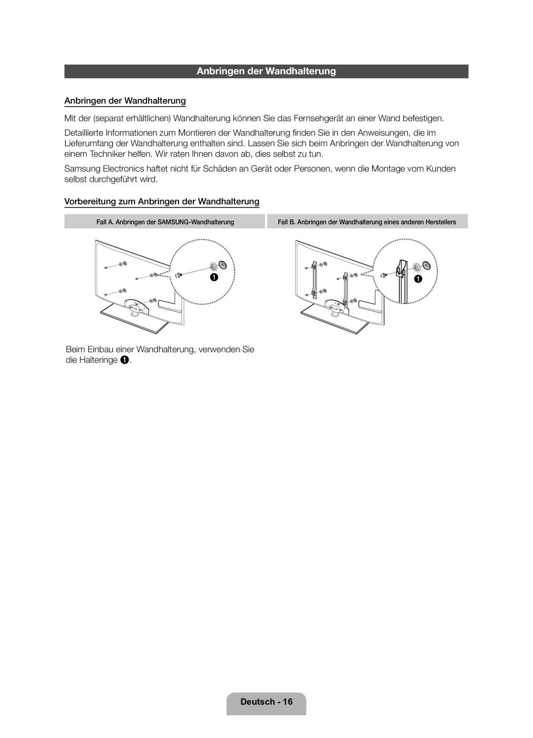 Samsung UE32ES5700SXZF, UE40ES5700SXZF, UE46ES5700SXZF manual Anbringen der Wandhalterung 