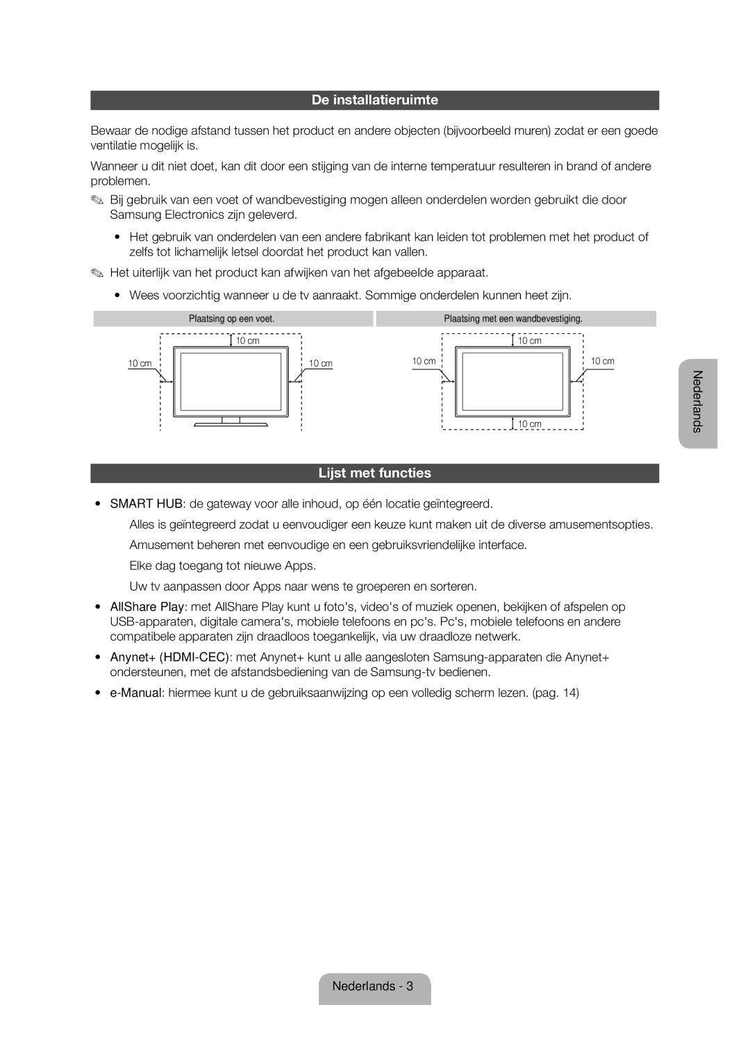 Samsung UE32ES5700SXZF, UE40ES5700SXZF manual De installatieruimte, Lijst met functies, Plaatsing op een voet 10 cm 