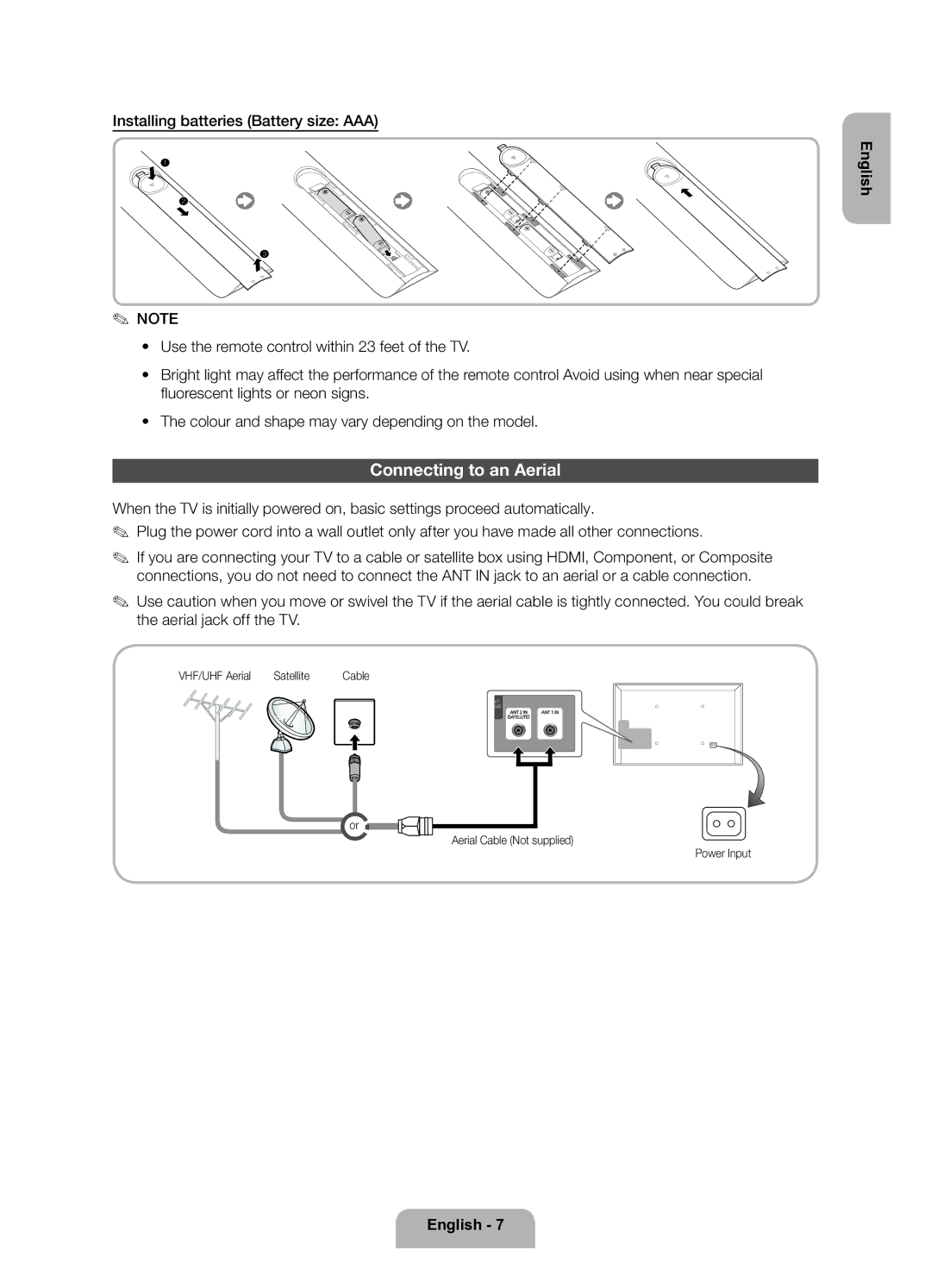 Samsung UE40ES5700SXZF manual Connecting to an Aerial, VHF/UHF Aerial Satellite, Aerial Cable Not supplied Power Input 