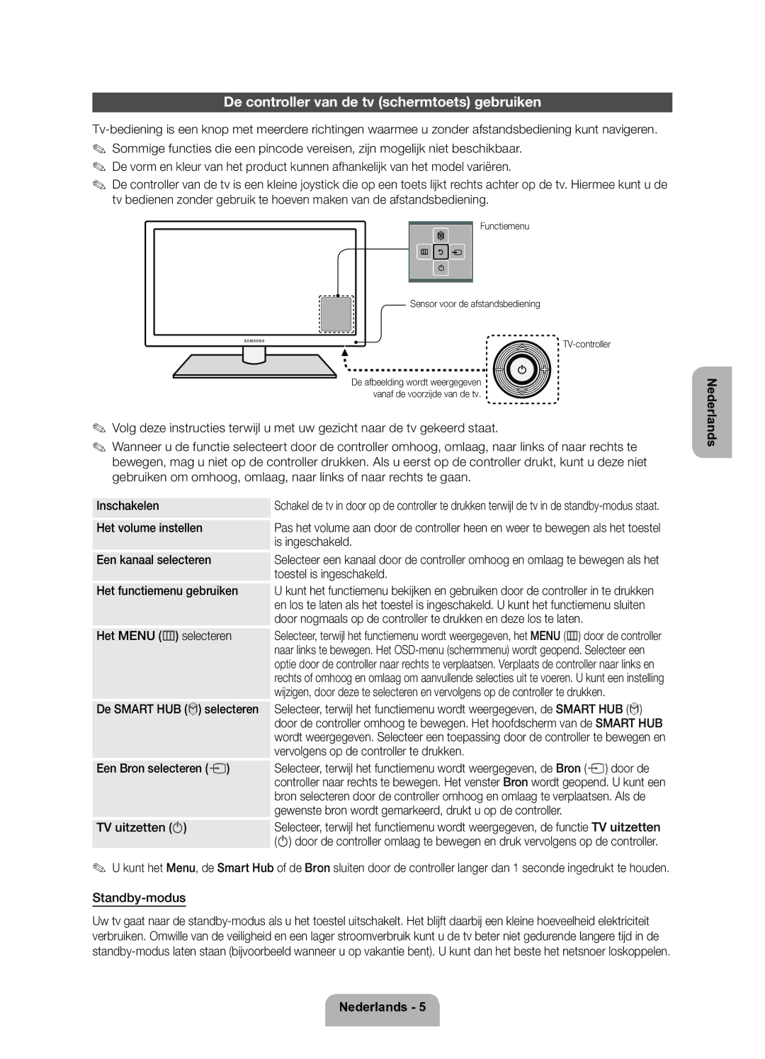 Samsung UE46ES5700SXZF, UE32ES5700SXZF De controller van de tv schermtoets gebruiken, Een Bron selecteren s TV uitzetten P 