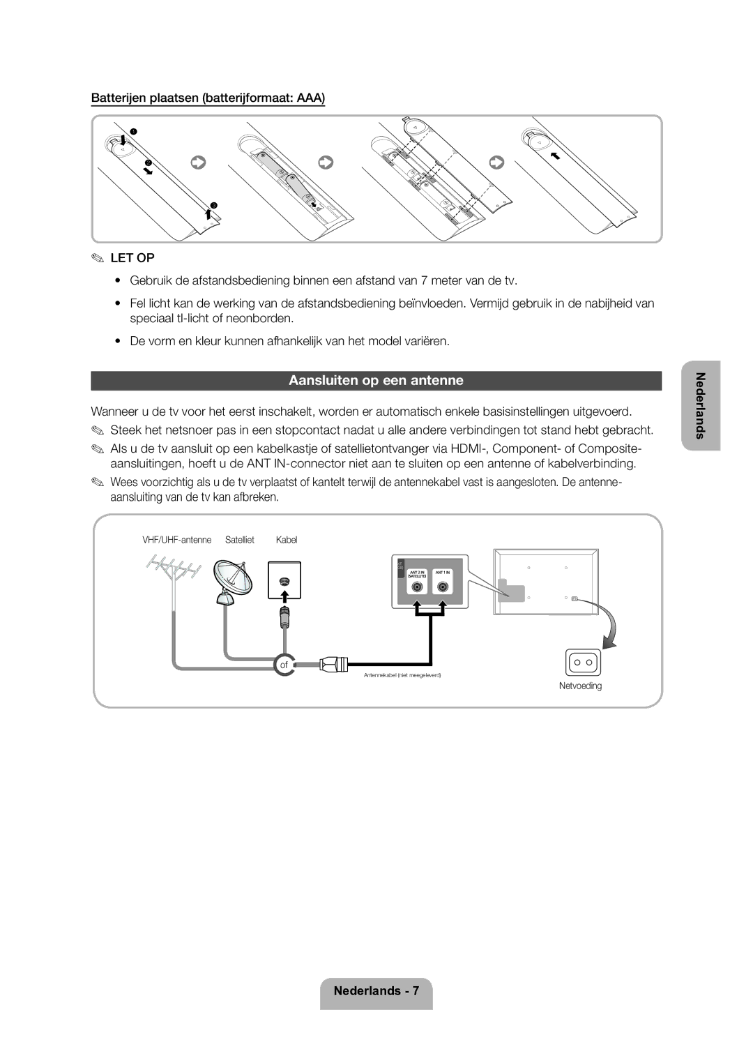 Samsung UE40ES5700SXZF Aansluiten op een antenne, Batterijen plaatsen batterijformaat AAA, VHF/UHF-antenne Satelliet Kabel 